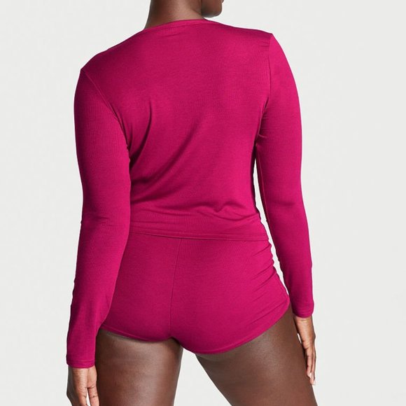 VICTORIA'S SECRET XL Ribbed Modal Henley Short Pajama Set NWT Claret Red Comfy - Picture 5 of 8